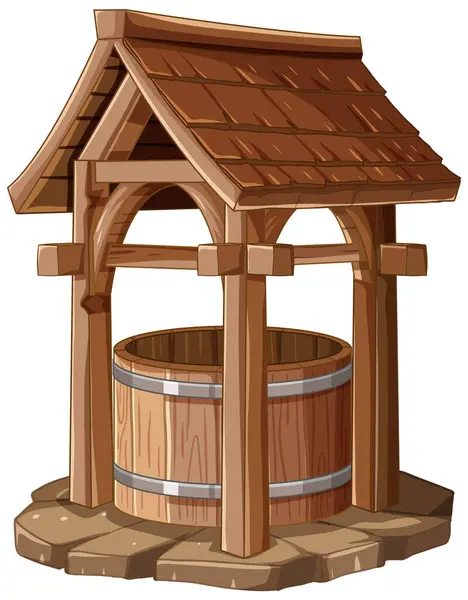 Cartoon Style Wooden Water Well Bucket — Stock Vector