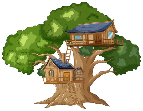 Yeşil Yapraklar Arasında Tuhaf Bir Ağaç Evi Tasviri — Stok Vektör