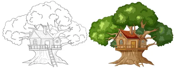 Renkli Özet Çizilmiş Bir Ağaç Evin Vektör Çizimi — Stok Vektör