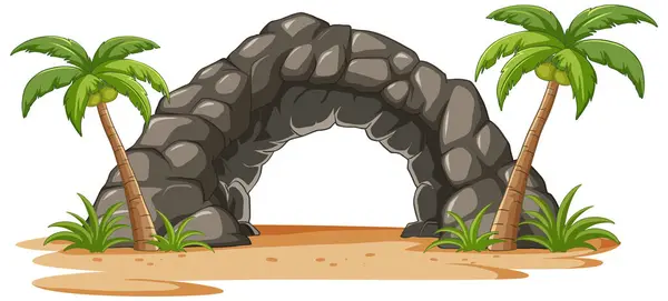 Cartoon Stenen Boog Met Palmbomen Zand — Stockvector