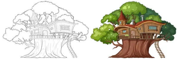 Skizze Und Farbige Illustration Eines Skurrilen Baumhauses — Stockvektor