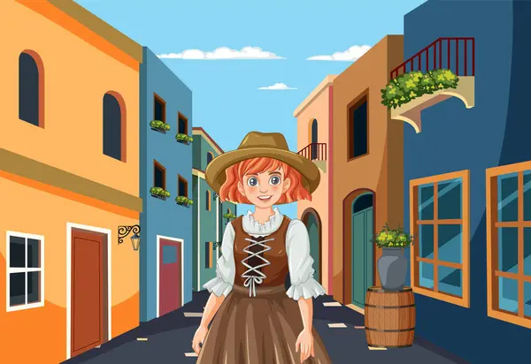 Souriant Jeune Fille Costume Historique Sur Rue — Image vectorielle