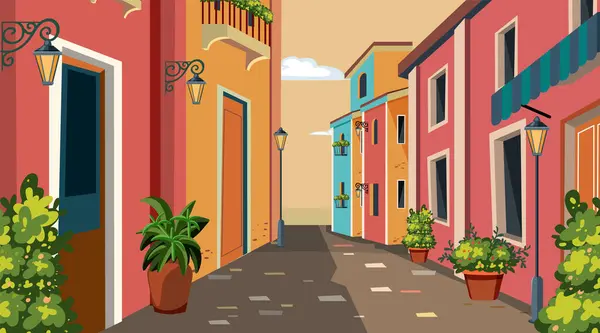 Colorful Buildings Line Charming Cobblestone Street — Stock Vector