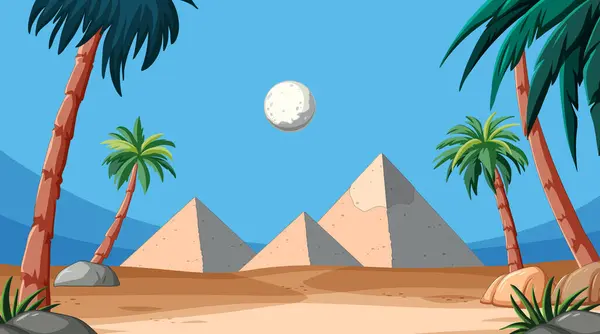 Vektorillustration Von Pyramiden Mit Mond Und Palmen — Stockvektor