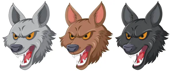 Three Animated Wolves Showing Aggressive Expressions — Stock Vector