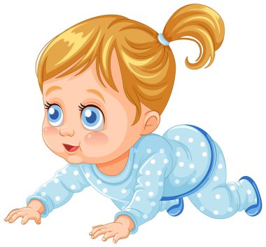Mavi pijama içinde sürünen sevimli resimli bebek.