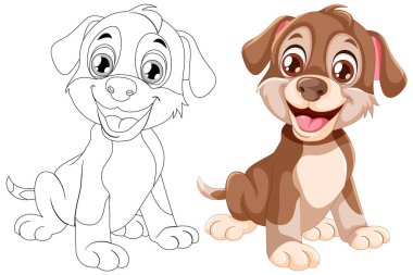 Siyah, beyaz ve renkli yavru köpek çizimleri.