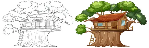 Bir Ağaç Evin Çizimi Renkli Çizimi — Stok Vektör