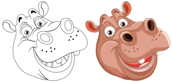 Ilustrações Hipopótamos Preto Branco Colorido — Vetor de Stock
