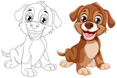 İki çizgi film köpeği, biri renkli, diğeri de çizili..