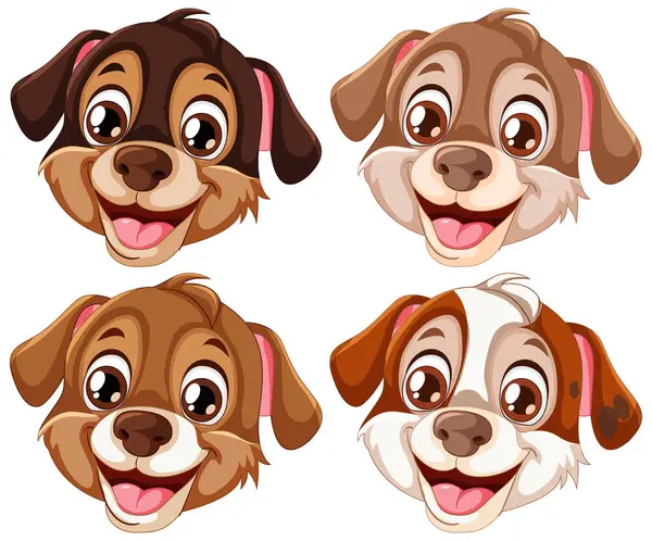 Fyra Glada Tecknad Hund Ansikten Ler — Stock vektor