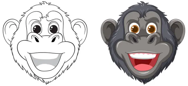 Два Стилизованных Лица Шимпанзе Одно Цветное — стоковый вектор