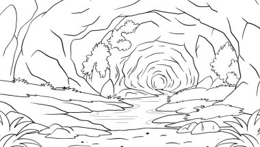 Bir orman deresinin siyah beyaz çizimi