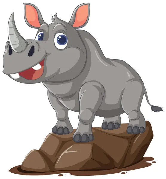 Heureux Rhinocéros Dessin Animé Debout Sur Des Rochers — Image vectorielle