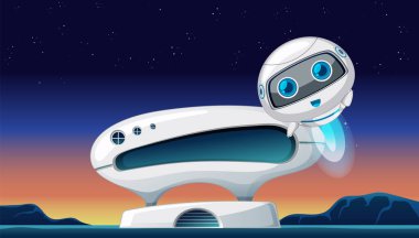 Yıldızlı gökyüzü altında bir robotun vektör çizimi
