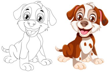 Mutlu bir köpek yavrusunun renkli ve özetlenmiş çizimleri.
