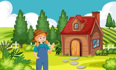 Çizgi film çiftçisi küçük bir kır evinin yanında el sallıyor.
