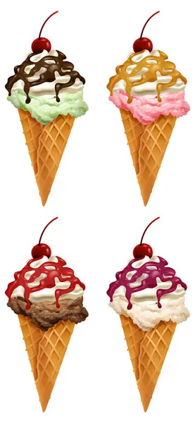 Quatre Cônes Crème Glacée Colorés Avec Différents Sirops Illustrations De Stock Libres De Droits