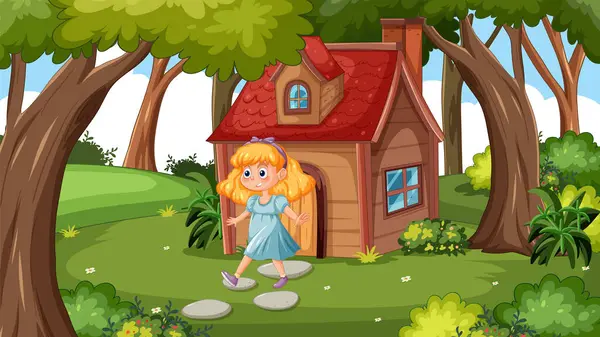快乐的女孩站在一个异想天开的林地房子旁 矢量图形