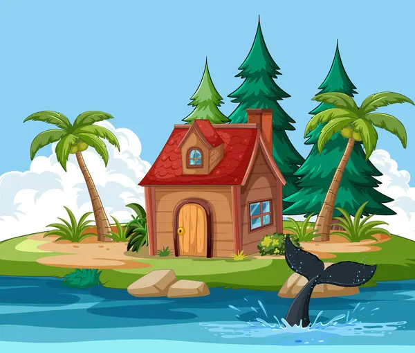 有棕榈树和鲸鱼尾巴的迷人的海岛别墅 免版税图库插图