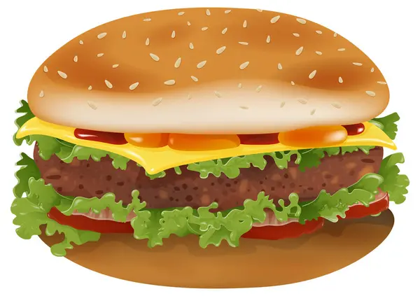 Vectorgrafiek Van Een Cheeseburger Met Verse Toppings Rechtenvrije Stockvectors