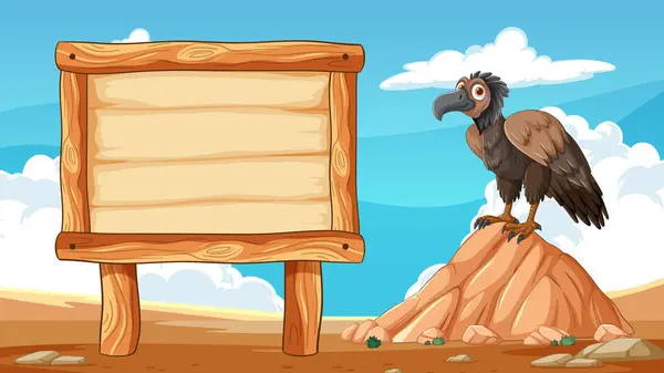 卡通秃鹫栖息在一个空白标志旁边 图库插图