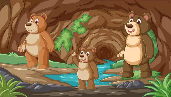 Tři Kreslení Medvědi Usmívají Před Jeskynním Domem Stock Ilustrace