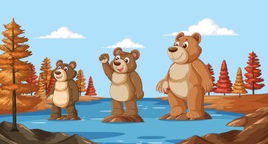 Üç çizgi film ayısı açık havada güneşli bir günün tadını çıkarıyor.