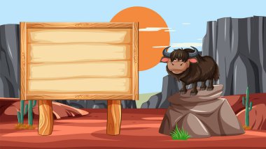 Boş bir tabelanın yanında duran öküz çizgi filmi.