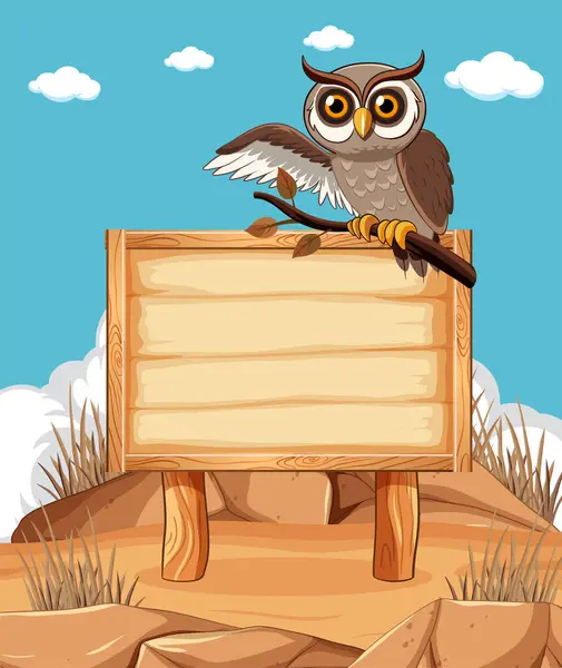 卡通猫头鹰栖息在一块空的标牌上 — 图库矢量图片