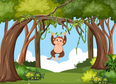 Karikatür maymunu verimli bir ormanda sarmaşıklarda sallanıyor..