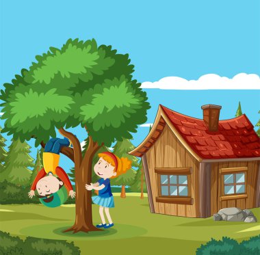 İki çocuk evin yakınlarında güneşli bir günün tadını çıkarıyor..