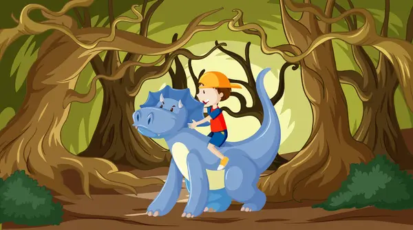 小男孩在树林里骑着一条友善的蓝龙 免版税图库矢量图片