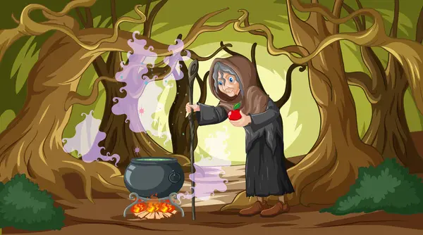 Mistik Bir Orman Sahnesinde Kazanı Olan Cadı Stok Vektör