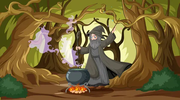 Cadı Mistik Bir Ormanda Kazan Karıştırıyor Stok Illüstrasyon