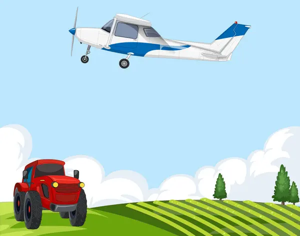 Vektorová Ilustrace Letadla Letícího Nad Traktorem — Stockový vektor