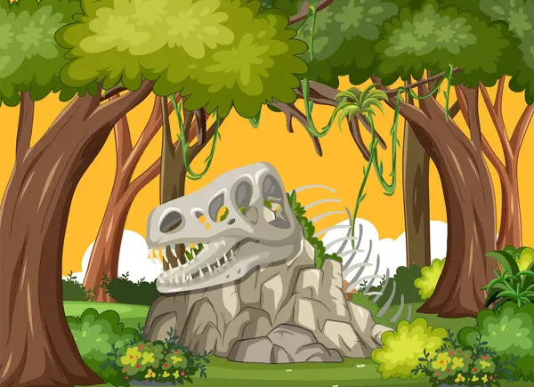 Kreslený Dinosaurus Lebka Mezi Svěží Lesní Stromy Stock Ilustrace