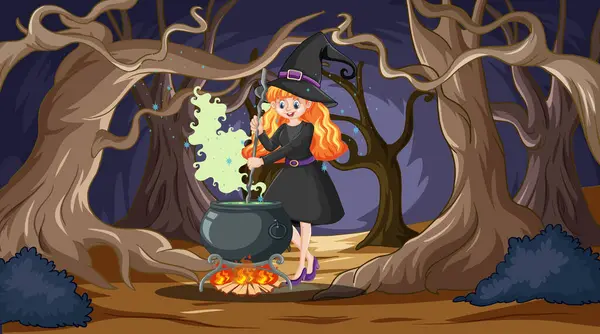 Молодая Ведьма Готовит Волшебное Зелье Лунными Деревьями — стоковый вектор