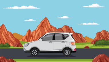 Çöl manzaralı bir yere park edilmiş beyaz bir SUV..