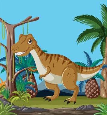 Karikatür dinozoru, canlı tarih öncesi bir arazide geziniyor..