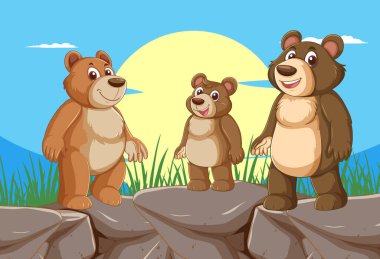 Açık havada yan yana duran üç çizgi film ayısı.