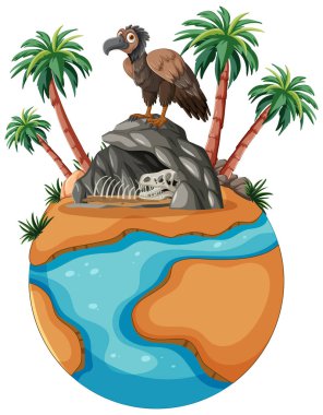 Akbaba iskelet ve palmiyelerle kayaların üzerine tünemiş..