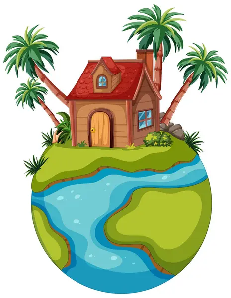 Small House Tiny Globe Island — Stock Vector