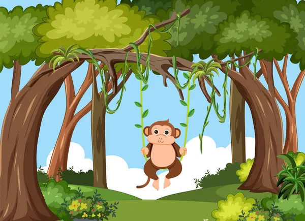 Κινούμενος Πίθηκος Αιωρείται Αμπέλια Ένα Καταπράσινο Δάσος Royalty Free Διανύσματα Αρχείου