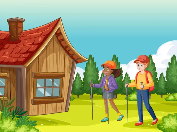 Two Hikers Walking Small Wooden House Stock Illustration