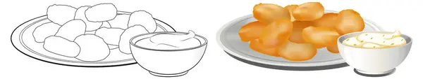 Vector Illustration Fried Snacks Sauce Bowls — Stock Vector