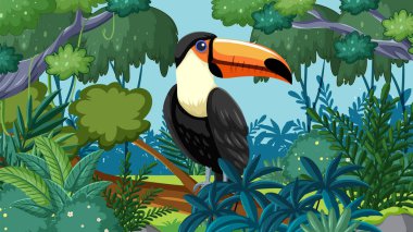 Canlı bir orman sahnesine tünemiş renkli bir tukan.