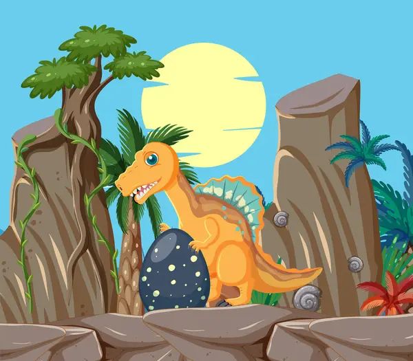 Dinosaurio Colorido Entre Los Árboles Bajo Sol Brillante Ilustración De Stock