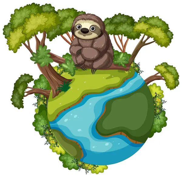 Cute Sloth Sitting Atop Small Lush World Illustrations De Stock Libres De Droits