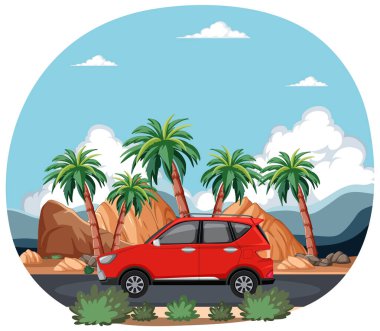 Çölde palmiye ağaçlarıyla park edilmiş kırmızı bir araba..